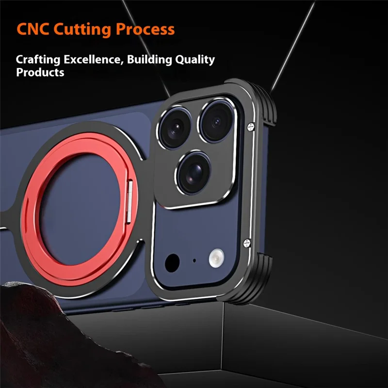For iPhone 17 Pro Max Metal Case Rotating Kickstand Heat Dissipation Frameless Phone Bumper Cover with Lens Protector - Black / Red