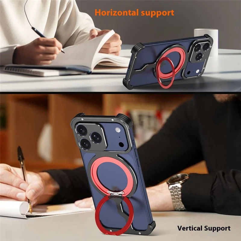For iPhone 17 Pro Max Metal Case Rotating Kickstand Heat Dissipation Frameless Phone Bumper Cover with Lens Protector - Black / Red