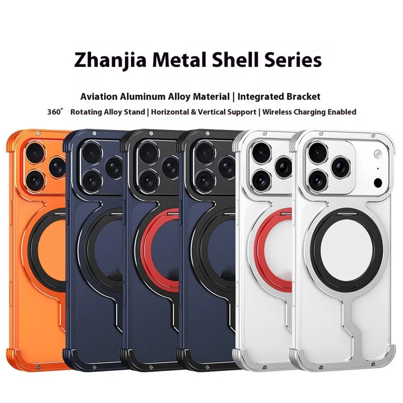 For iPhone 17 Pro Max Metal Case Rotating Kickstand Heat Dissipation Frameless Phone Bumper Cover with Lens Protector - Black / Red