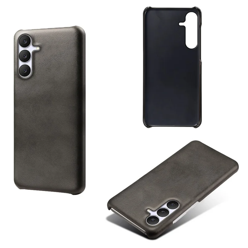For Samsung Galaxy S25 FE Case Calf Texture PU Leather Hard PC Protective Phone Cover - Black