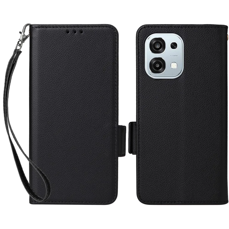 Leather Case for Oppo A6 Pro 4G / A6 Pro 5G / F31 5G Litchi Texture Wallet Phone Cover with Wrist Strap - Black