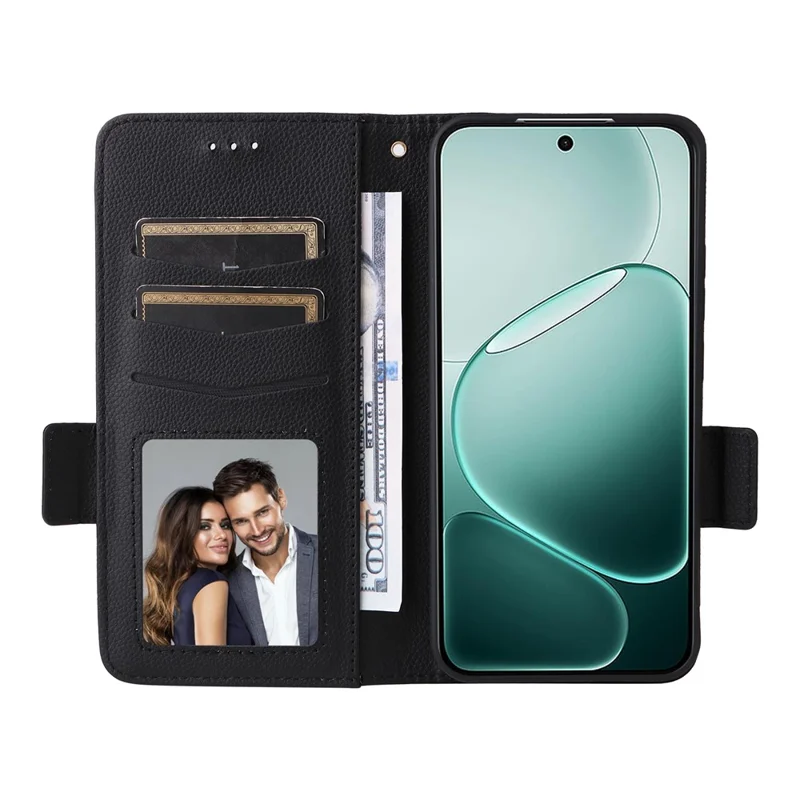 Leather Case for Oppo A6 Pro 4G / A6 Pro 5G / F31 5G Litchi Texture Wallet Phone Cover with Wrist Strap - Black