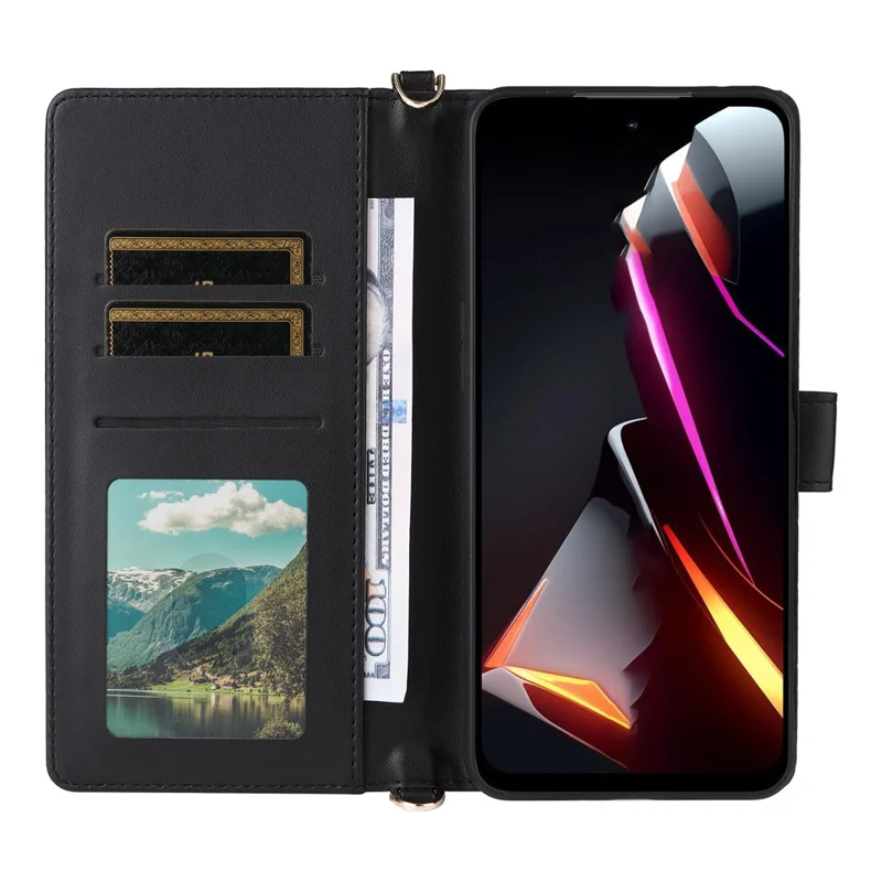 For ZTE nubia Neo 2 5G Case with Shoulder / Wrist Strap Leather Phone Cover Stand Wallet - Black