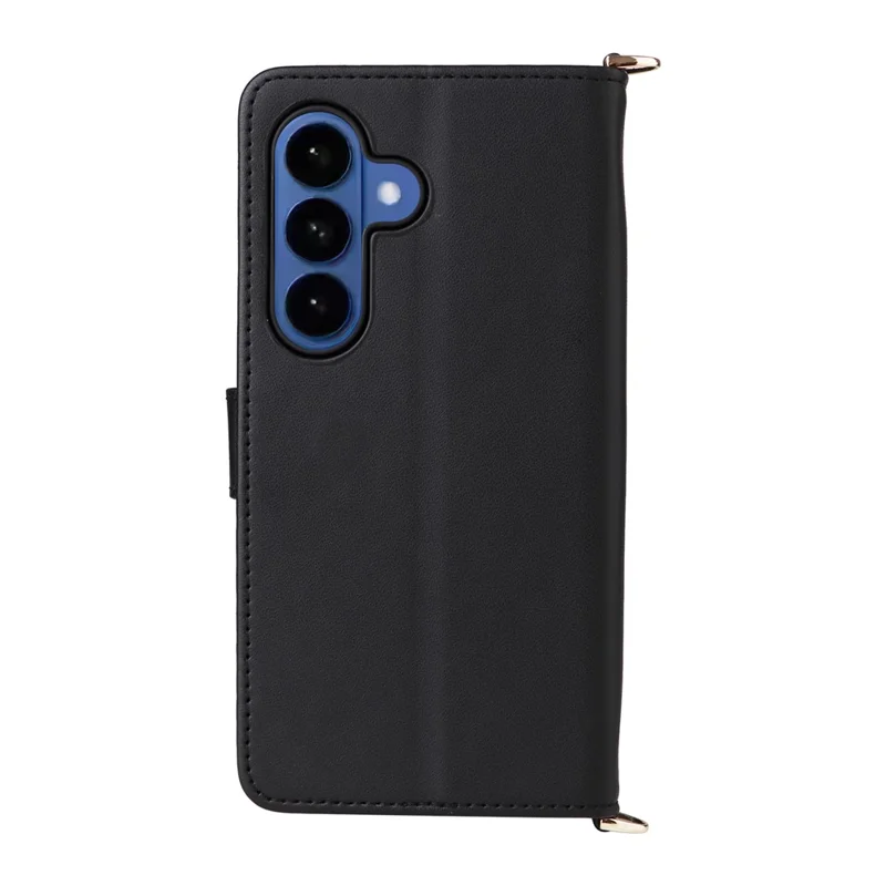 Voor Samsung Galaxy S26 / S26 Pro hoesje met schouder-/polsriem lederen telefoonhoes standaard portemonnee - Zwart