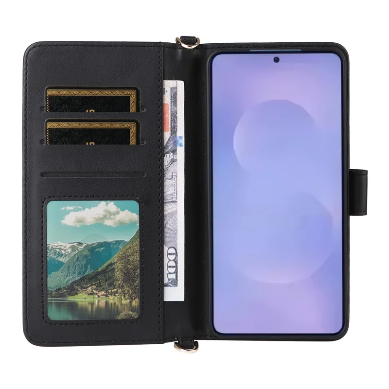 Voor Samsung Galaxy S26 / S26 Pro hoesje met schouder-/polsriem lederen telefoonhoes standaard portemonnee - Zwart