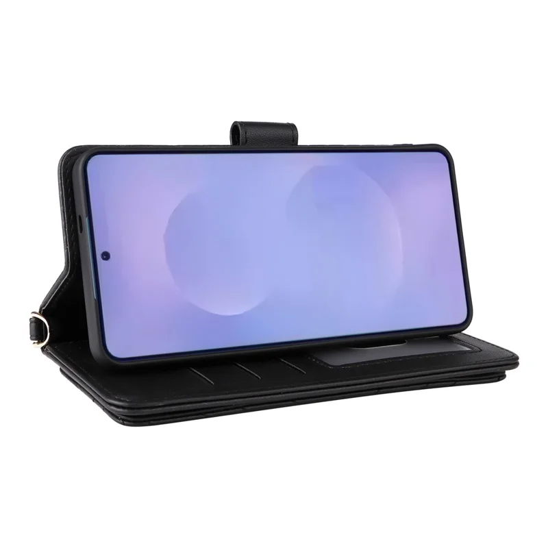 Voor Samsung Galaxy S26 / S26 Pro hoesje met schouder-/polsriem lederen telefoonhoes standaard portemonnee - Zwart