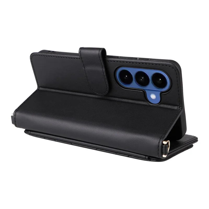 Voor Samsung Galaxy S26 / S26 Pro hoesje met schouder-/polsriem lederen telefoonhoes standaard portemonnee - Zwart