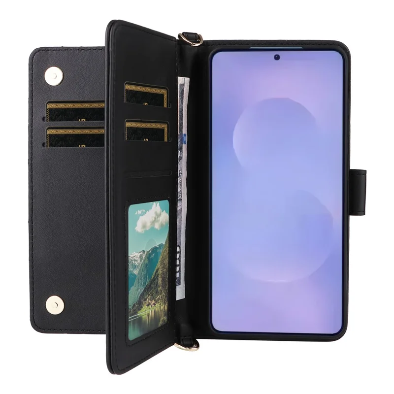 Voor Samsung Galaxy S26 / S26 Pro hoesje met schouder-/polsriem lederen telefoonhoes standaard portemonnee - Zwart