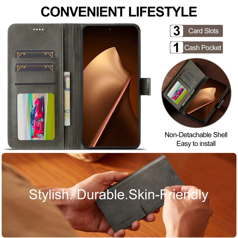 Funda LC.IMEEKE para Xiaomi 15T Pro, Textura de Cuero de Ternero, Soporte de Cartera, Cubierta de Teléfono - Gris