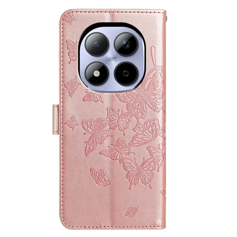 Voor Xiaomi Redmi Note 15 Pro 5G Hoesje Vlinder Afdruk Portemonnee Staande PU Leren Flip Hoesje met Bandje - Rosé Goud