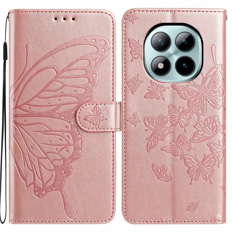 Flip Case til Xiaomi Redmi Note 15 Pro+ 5G med sommerfuglmønster, PU-læder, standfunktion og bæresnør, wallet-case - Rosenød