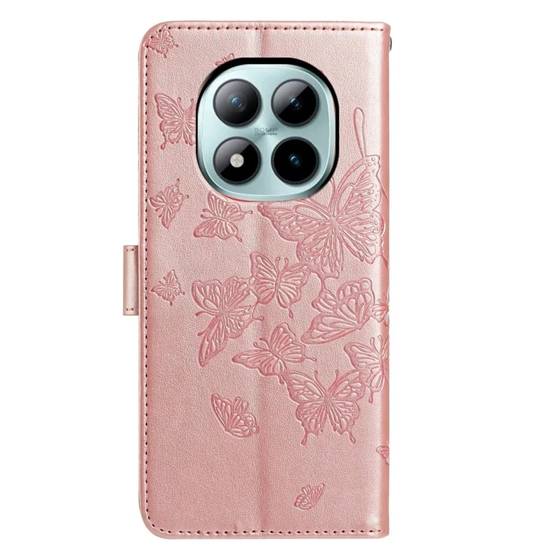 Flip Case til Xiaomi Redmi Note 15 Pro+ 5G med sommerfuglmønster, PU-læder, standfunktion og bæresnør, wallet-case - Rosenød