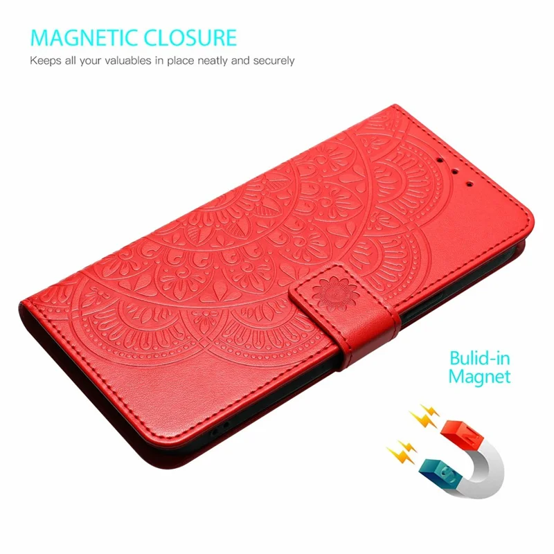 Futera skórzana na Xiaomi Redmi Note 15 Pro+ 5G z kieszeniami na karty, pokrowiec z wzorem mandali i podstawką - Czerwony
