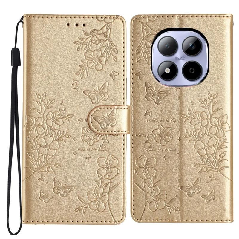 Xiaomi Redmi Note 15 Pro 5G Brieftasche Handyhülle Schmetterling Blumen Prägung Leder Flip Cover mit Riemen - Gold