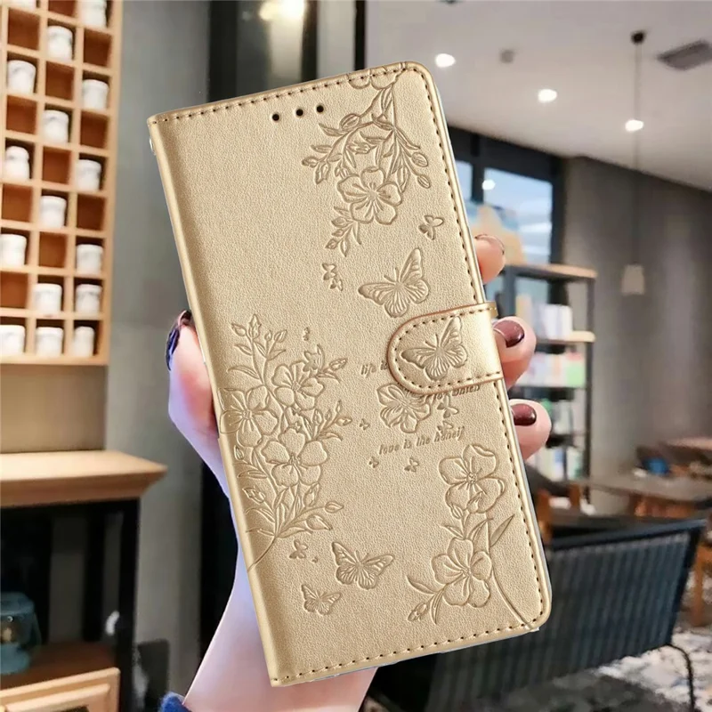 Xiaomi Redmi Note 15 Pro 5G Brieftasche Handyhülle Schmetterling Blumen Prägung Leder Flip Cover mit Riemen - Gold