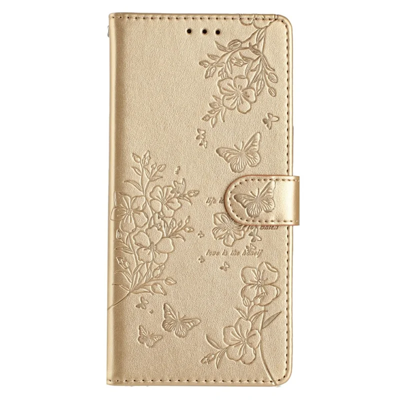 Xiaomi Redmi Note 15 Pro 5G Brieftasche Handyhülle Schmetterling Blumen Prägung Leder Flip Cover mit Riemen - Gold