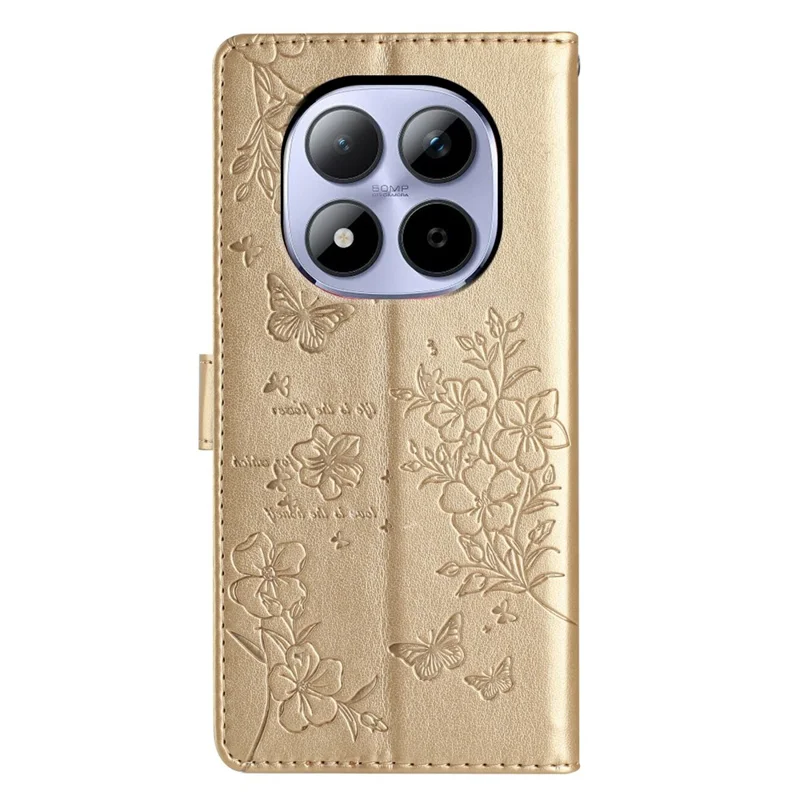 Xiaomi Redmi Note 15 Pro 5G Brieftasche Handyhülle Schmetterling Blumen Prägung Leder Flip Cover mit Riemen - Gold
