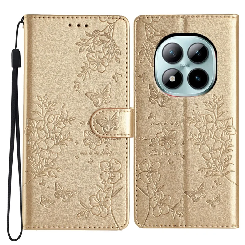 Capa de Telefone Carteira Xiaomi Redmi Note 15 Pro+ 5G - Impressão Floral de Borboleta em Couro com Alça - Dourado