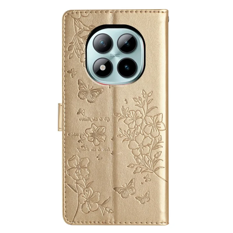 Capa de Telefone Carteira Xiaomi Redmi Note 15 Pro+ 5G - Impressão Floral de Borboleta em Couro com Alça - Dourado
