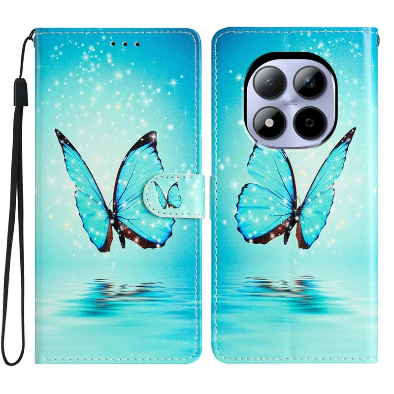 Funda de cartera para Xiaomi Redmi Note 15 Pro 5G, de piel sintética con estampado, con soporte y correa - Mariposa azul