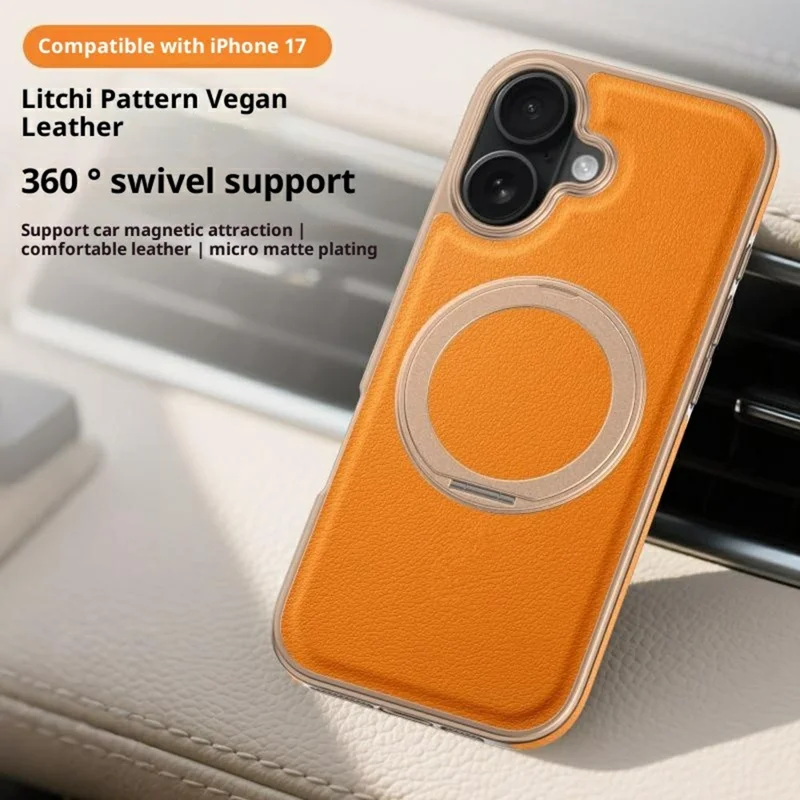 For iPhone 17 Magnetic Case with Rotating Kickstand Leather + PC + TPU Electroplating Phone Cover - Orange