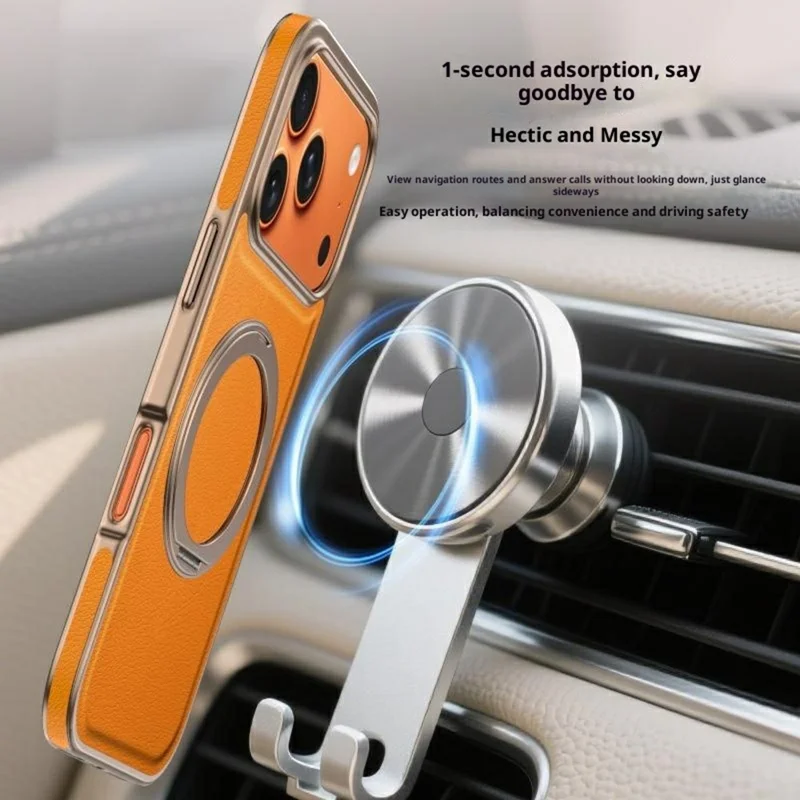For iPhone 17 Pro Magnetic Case with Rotating Kickstand Leather + PC + TPU Electroplating Phone Cover - Orange