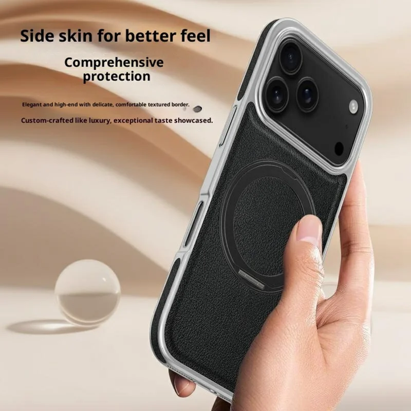 For iPhone 17 Pro Magnetic Case with Rotating Kickstand Leather + PC + TPU Electroplating Phone Cover - Orange