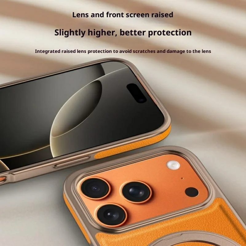 iPhone 17 Pro Max Magnetische Hülle mit rotierendem Ständer Leder + PC + TPU Elektroplattierung Handyhülle - Orange