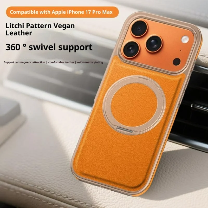 iPhone 17 Pro Max Magnetische Hülle mit rotierendem Ständer Leder + PC + TPU Elektroplattierung Handyhülle - Orange