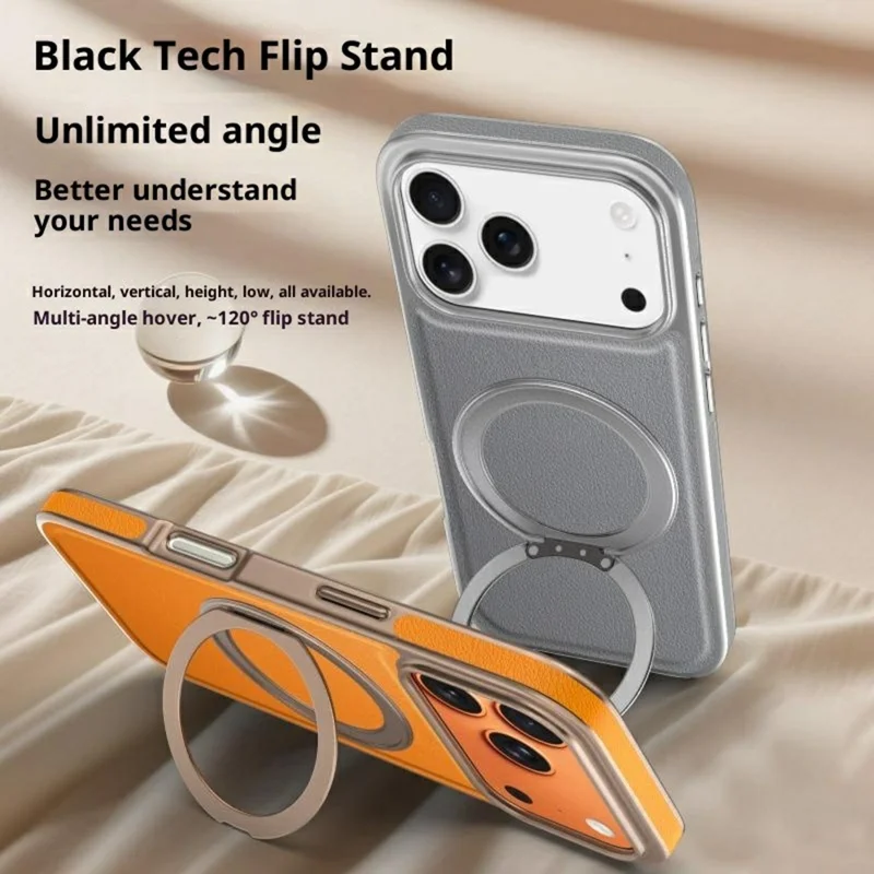 iPhone 17 Pro Max Magnetische Hülle mit rotierendem Ständer Leder + PC + TPU Elektroplattierung Handyhülle - Orange