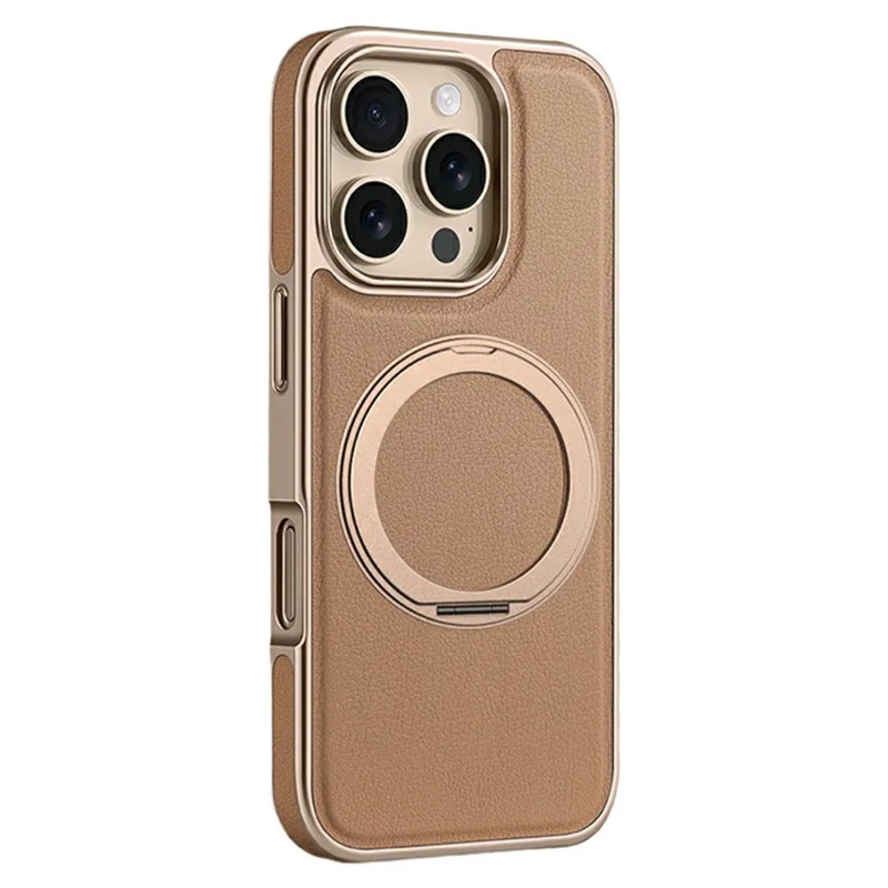 For iPhone 16 Pro Max Magnetic Case with Rotating Kickstand Leather + PC + TPU Electroplating Phone Cover - Desert Gold