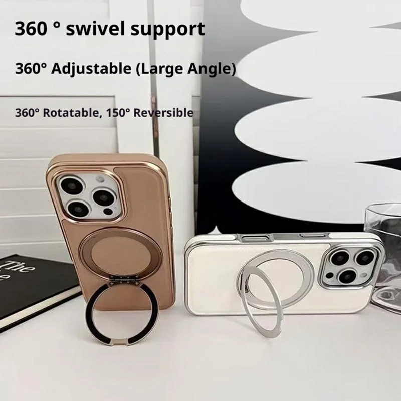 For iPhone 16 Pro Max Magnetic Case with Rotating Kickstand Leather + PC + TPU Electroplating Phone Cover - Desert Gold