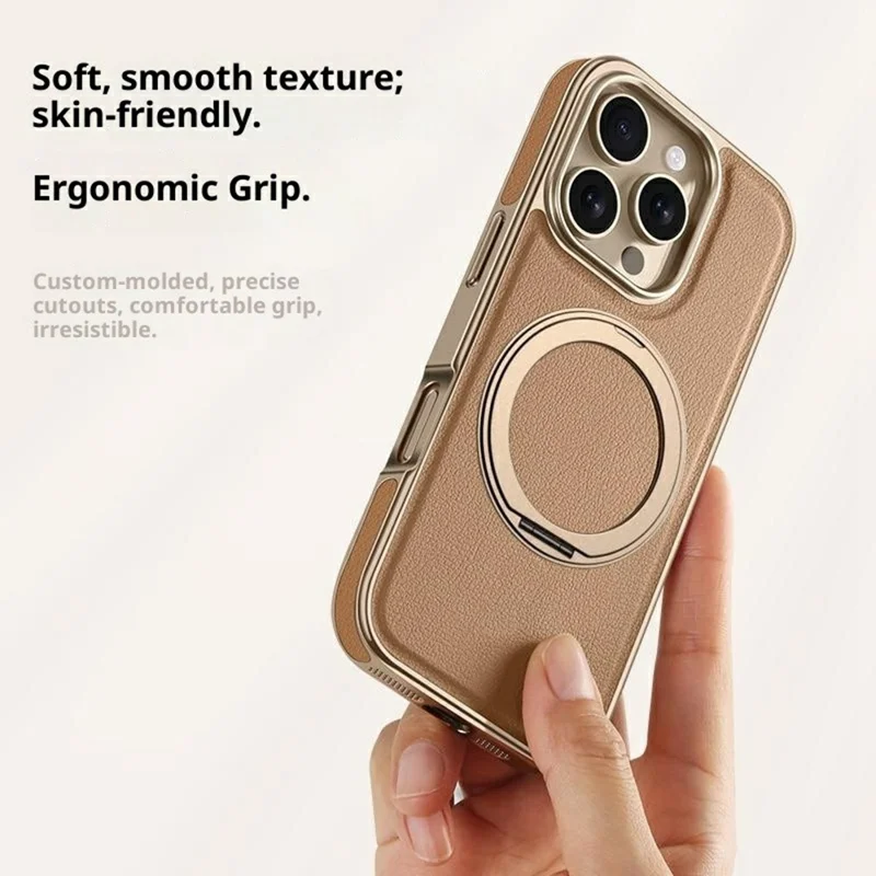 For iPhone 16 Pro Max Magnetic Case with Rotating Kickstand Leather + PC + TPU Electroplating Phone Cover - Desert Gold