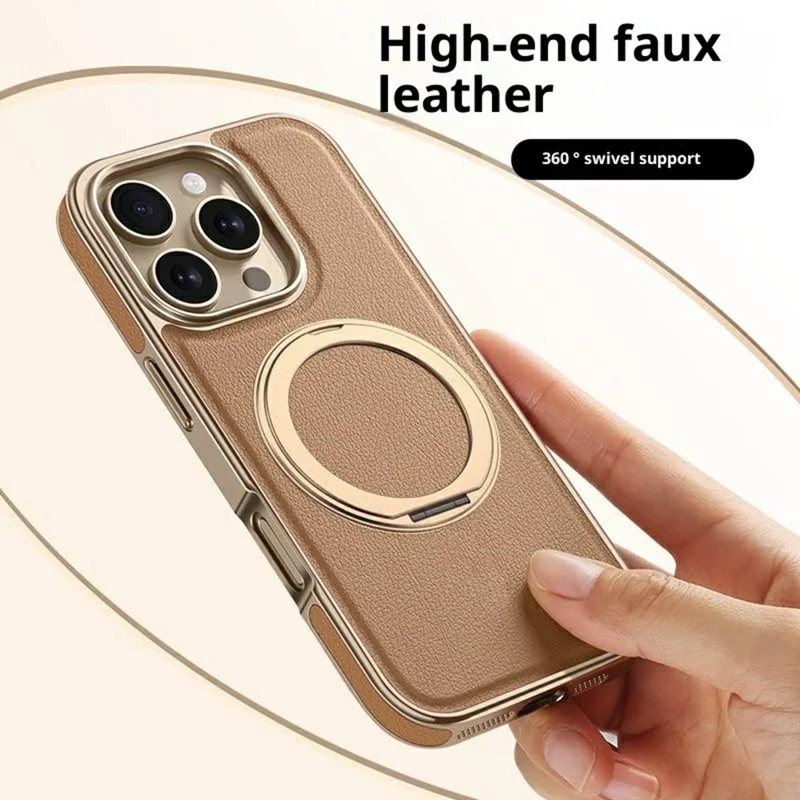 For iPhone 16 Pro Max Magnetic Case with Rotating Kickstand Leather + PC + TPU Electroplating Phone Cover - Desert Gold