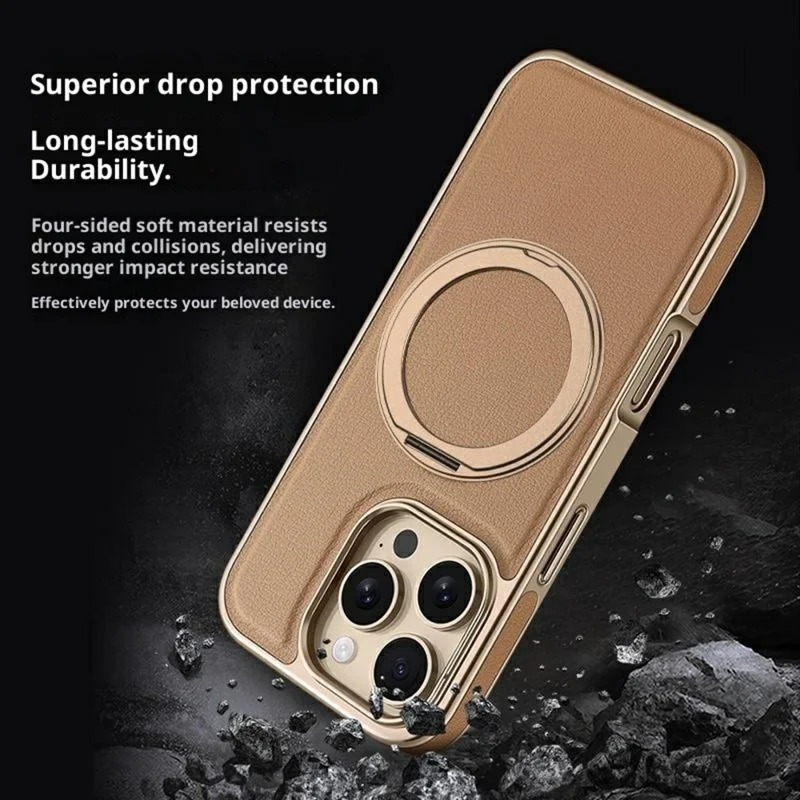 For iPhone 16 Pro Max Magnetic Case with Rotating Kickstand Leather + PC + TPU Electroplating Phone Cover - Desert Gold