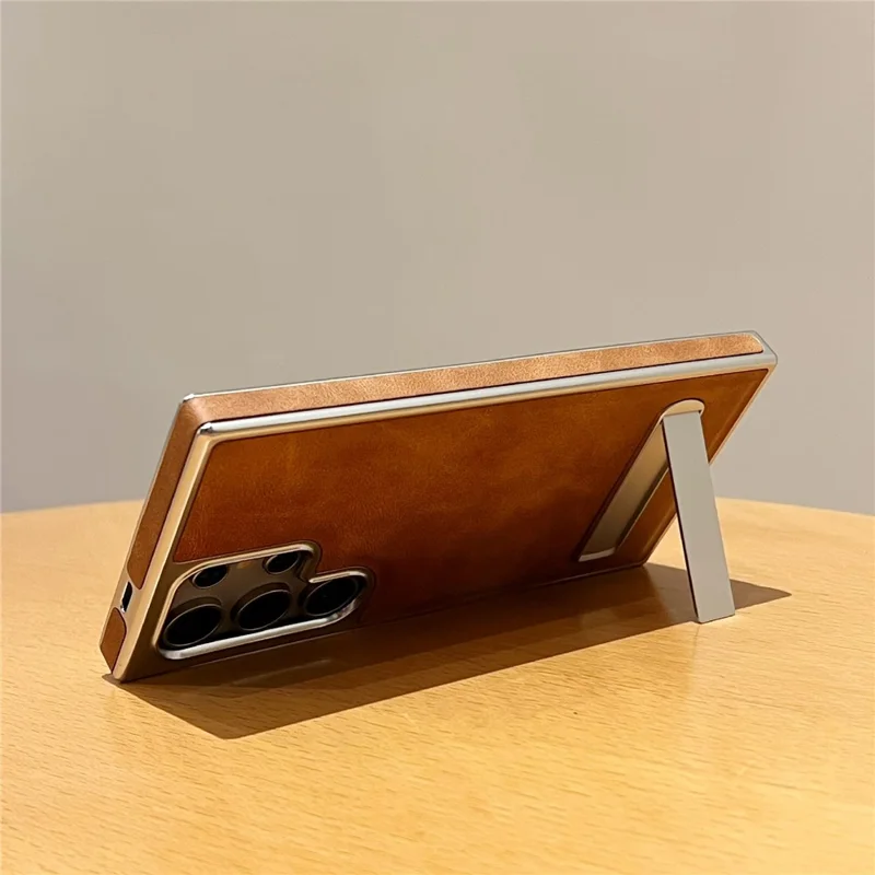 For Samsung Galaxy S25 Ultra Case with Hidden Kickstand Leather + PC + TPU Matte Electroplated Phone Cover - Black