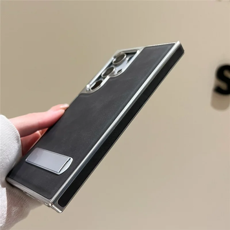 For Samsung Galaxy S25 Ultra Case with Hidden Kickstand Leather + PC + TPU Matte Electroplated Phone Cover - Black