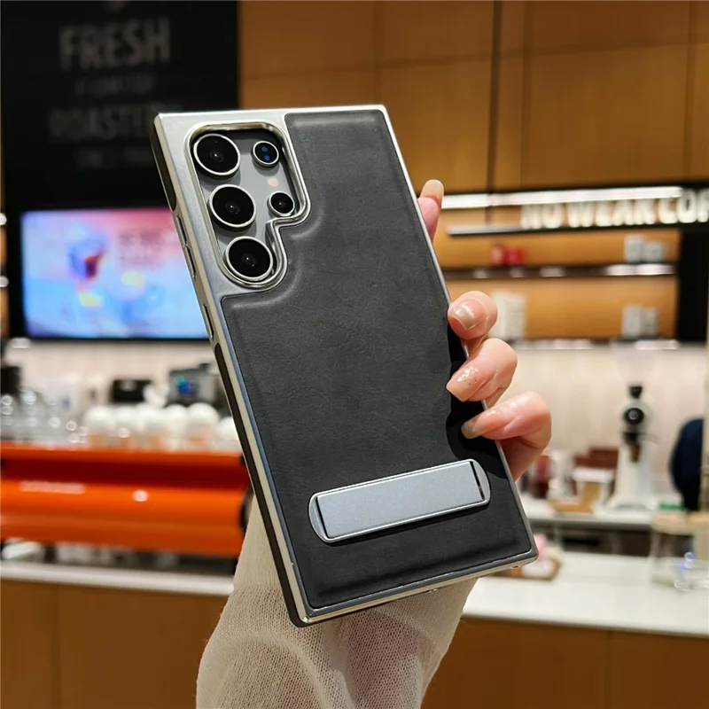 Samsung Galaxy S24 Ultra Hülle mit verstecktem Ständer Leder + PC + TPU Matt Elektroplattiert Handyhülle - Schwarz