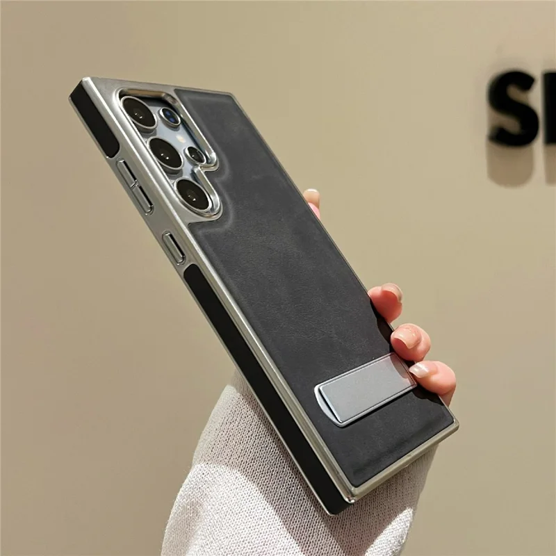 Samsung Galaxy S24 Ultra Hülle mit verstecktem Ständer Leder + PC + TPU Matt Elektroplattiert Handyhülle - Schwarz