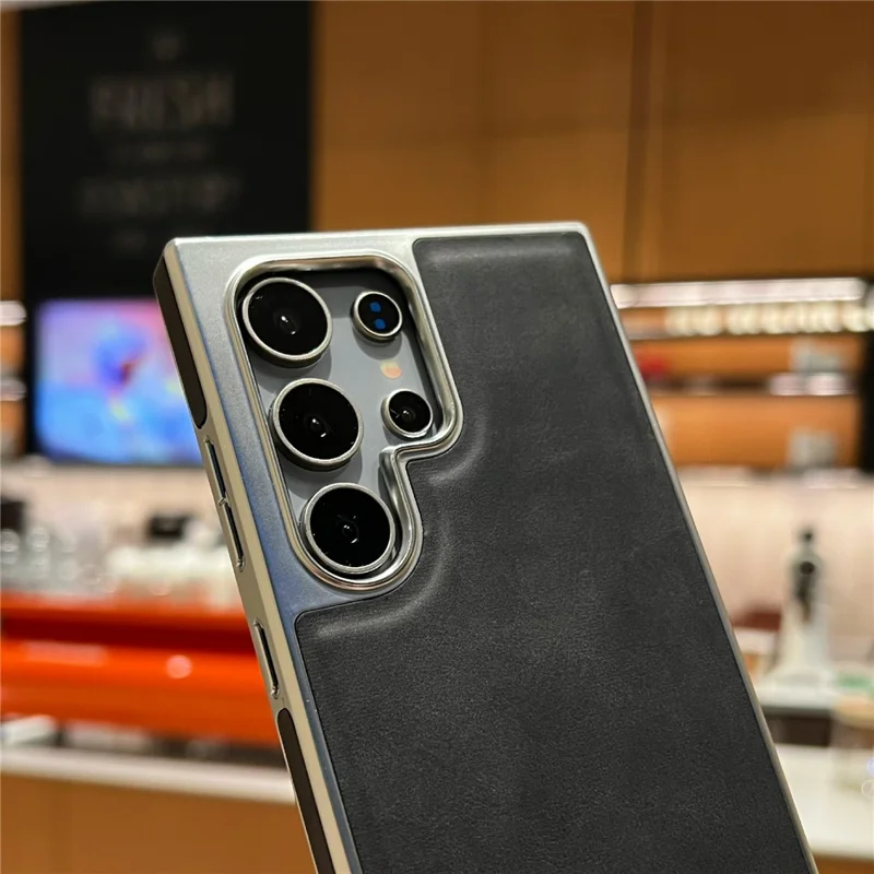 Samsung Galaxy S24 Ultra Hülle mit verstecktem Ständer Leder + PC + TPU Matt Elektroplattiert Handyhülle - Schwarz