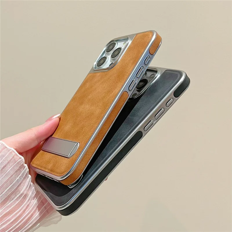 iPhone 15 Pro Hülle mit verstecktem Ständer aus Leder + PC + TPU, matte elektrolytisch beschichtete Handyhülle - Braun