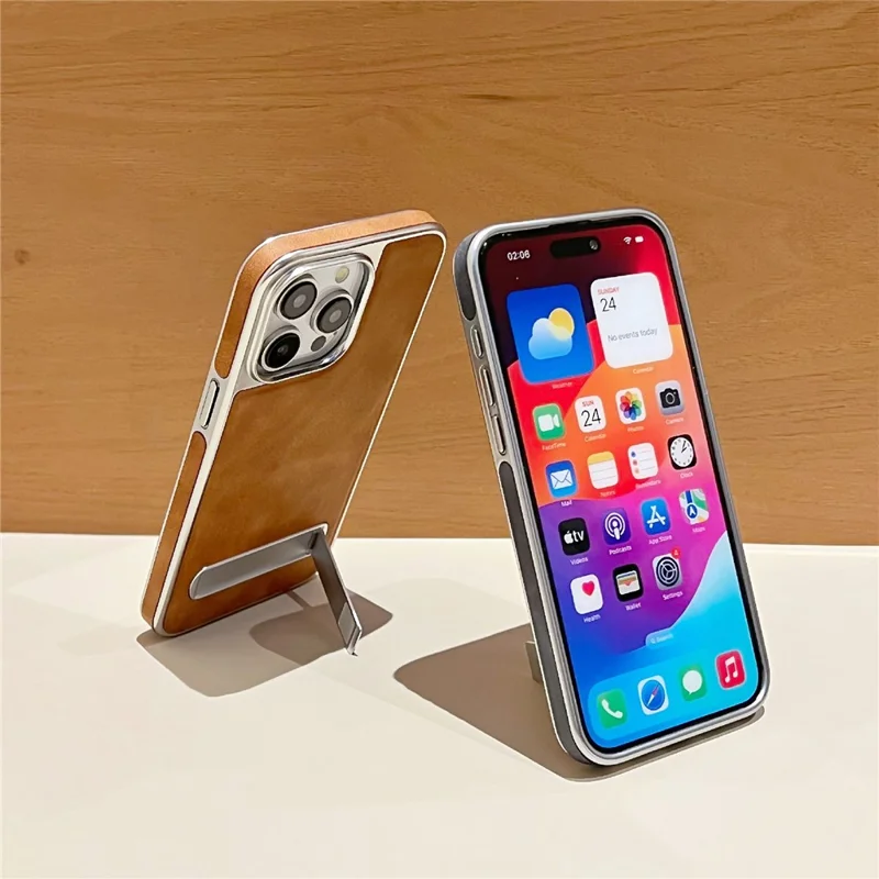 iPhone 15 Pro Max Hülle mit verstecktem Ständer Leder + PC + TPU Matt Elektroplattiert Handyhülle - Braun