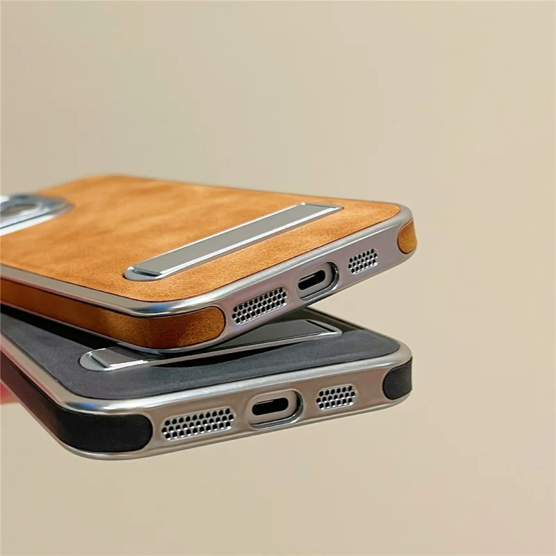 iPhone 15 Pro Max Hülle mit verstecktem Ständer Leder + PC + TPU Matt Elektroplattiert Handyhülle - Braun