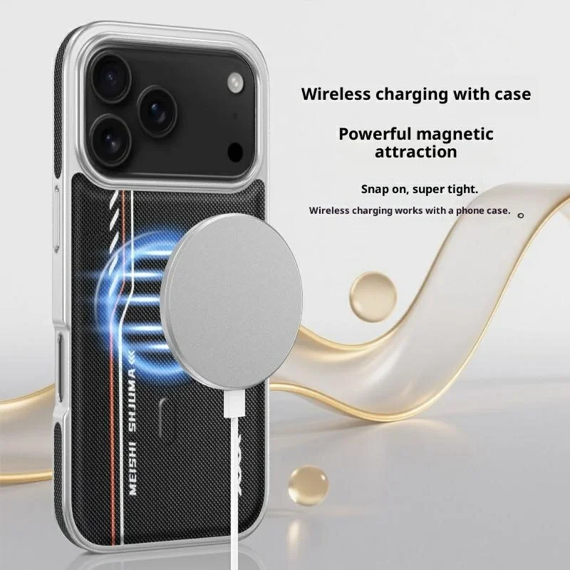 Custodia iPhone 17 Pro Compatibile con MagSafe Linea Stampa Texture Diamante Pelle PU Copertura Posteriore del Telefono - Nero