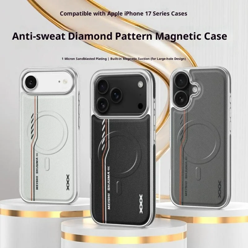 Custodia iPhone 17 Pro Compatibile con MagSafe Linea Stampa Texture Diamante Pelle PU Copertura Posteriore del Telefono - Nero