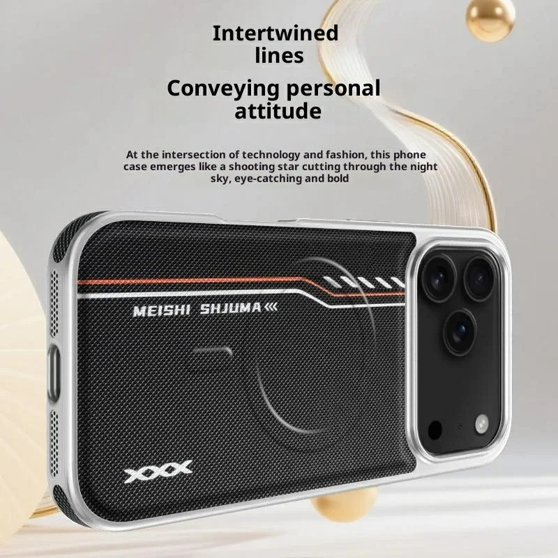 Custodia iPhone 17 Pro Compatibile con MagSafe Linea Stampa Texture Diamante Pelle PU Copertura Posteriore del Telefono - Nero