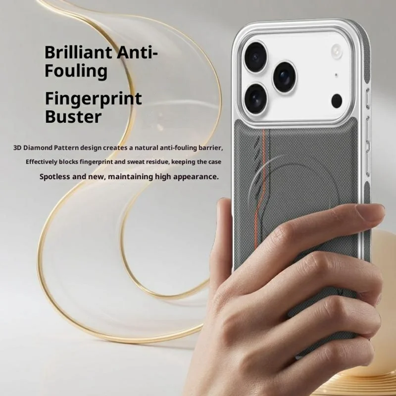 Custodia iPhone 17 Pro Compatibile con MagSafe Linea Stampa Texture Diamante Pelle PU Copertura Posteriore del Telefono - Nero