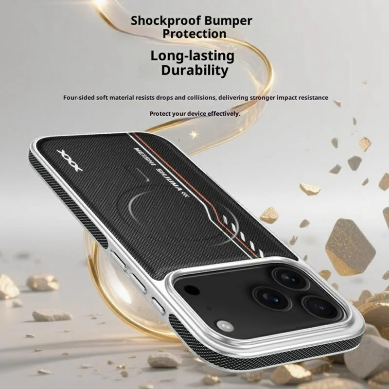 Custodia iPhone 17 Pro Compatibile con MagSafe Linea Stampa Texture Diamante Pelle PU Copertura Posteriore del Telefono - Nero