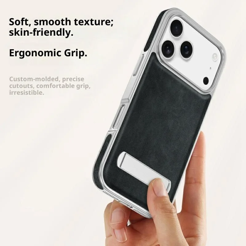 iPhone 17 Pro Hülle mit verstecktem Ständer Leder + PC + TPU matter Elektroplattierung Handyhülle - Braun