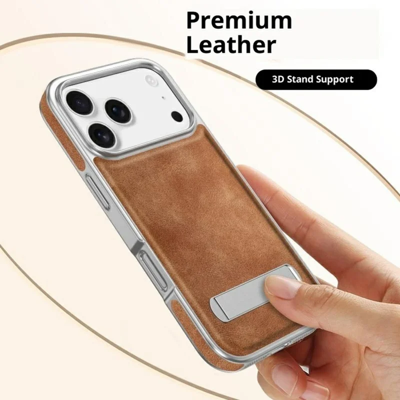 iPhone 17 Pro Hülle mit verstecktem Ständer Leder + PC + TPU matter Elektroplattierung Handyhülle - Braun
